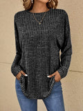 Women's Oversized Crew Neck Ribbed Jumper with Pockets - Black