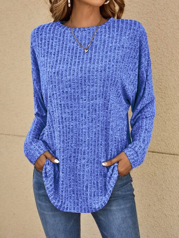 Women's Oversized Crew Neck Ribbed Jumper with Pockets - Blue