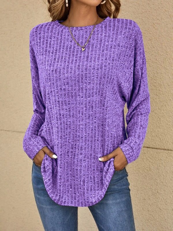 Women's Oversized Crew Neck Ribbed Jumper with Pockets - Purple