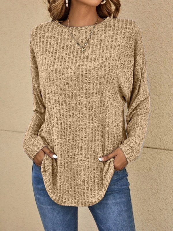 Women's Oversized Crew Neck Ribbed Jumper with Pockets - Khaki