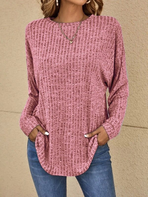 Women's Oversized Crew Neck Ribbed Jumper with Pockets - Pink