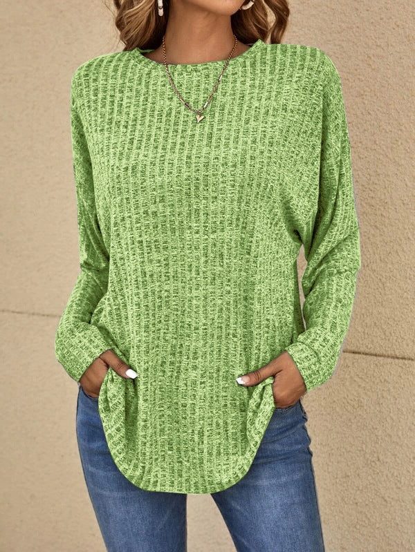 Women's Oversized Crew Neck Ribbed Jumper with Pockets - Green