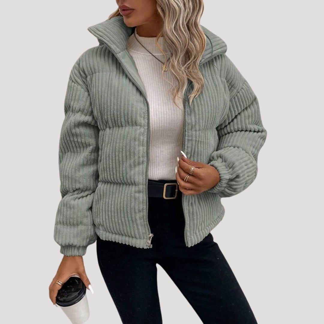Women's Textured Cord Puffer Bomber with Attached Hood - Grey