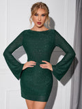 Women's Sparkle Long Sleeve Mini Dress with Bare Back - Dark Green