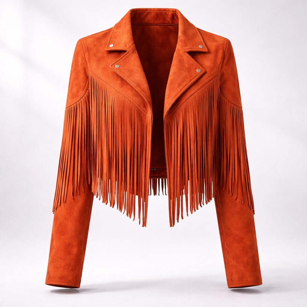 Women's Notch-Lapel Boho Fringe Jacket - Orange