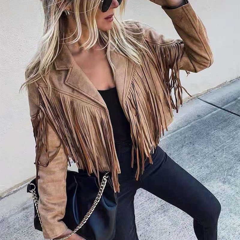 Women's Notch-Lapel Boho Fringe Jacket
