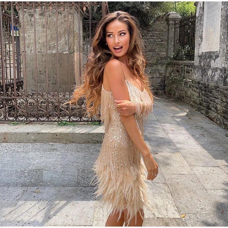 Women's Sparkly V-Neck Cami Dress with Feather Trim