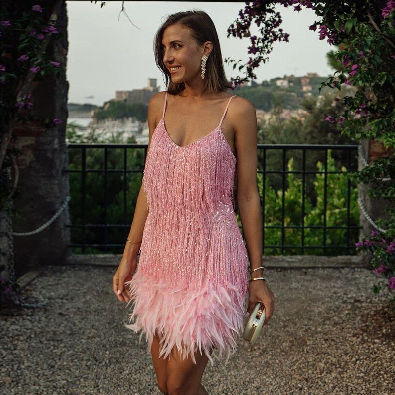 Women's Sparkly V-Neck Cami Dress with Feather Trim