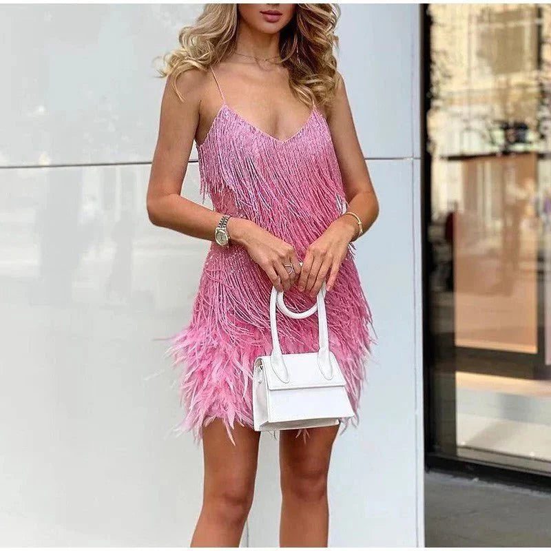 Women's Sparkly V-Neck Cami Dress with Feather Trim - Pink