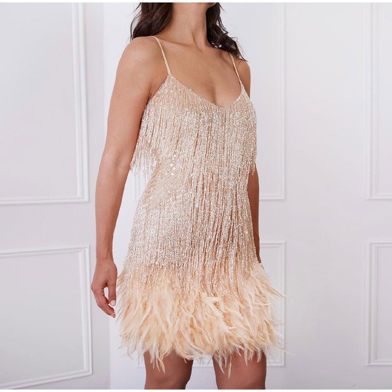 Women's Sparkly V-Neck Cami Dress with Feather Trim - Rose Gold