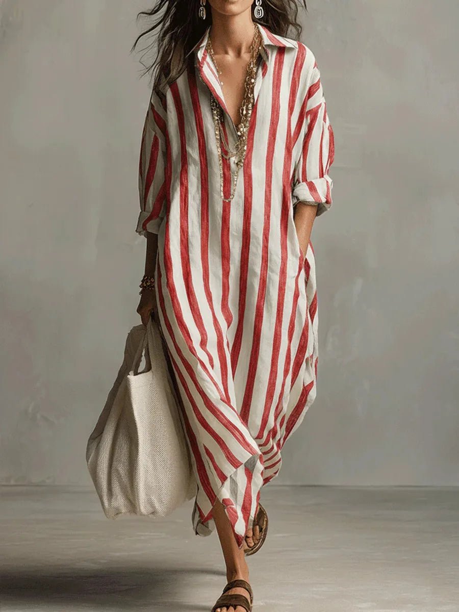 Women's Linen Shirt Dress V-Neck Striped Maxi Long Sleeve
