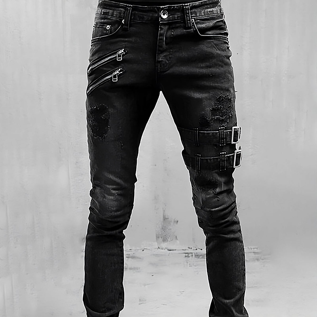 Men's Strap and Zip Detail Distressed Denim Jeans - Black