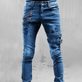 Men's Strap and Zip Detail Distressed Denim Jeans - Blue
