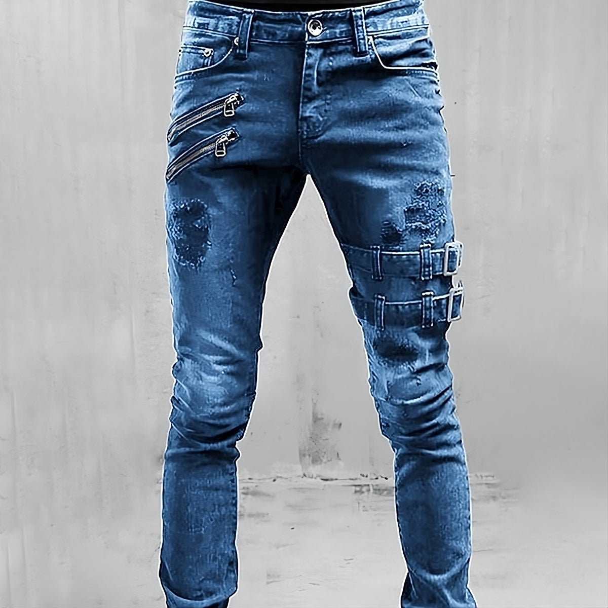 Men's Strap and Zip Detail Distressed Denim Jeans - Blue