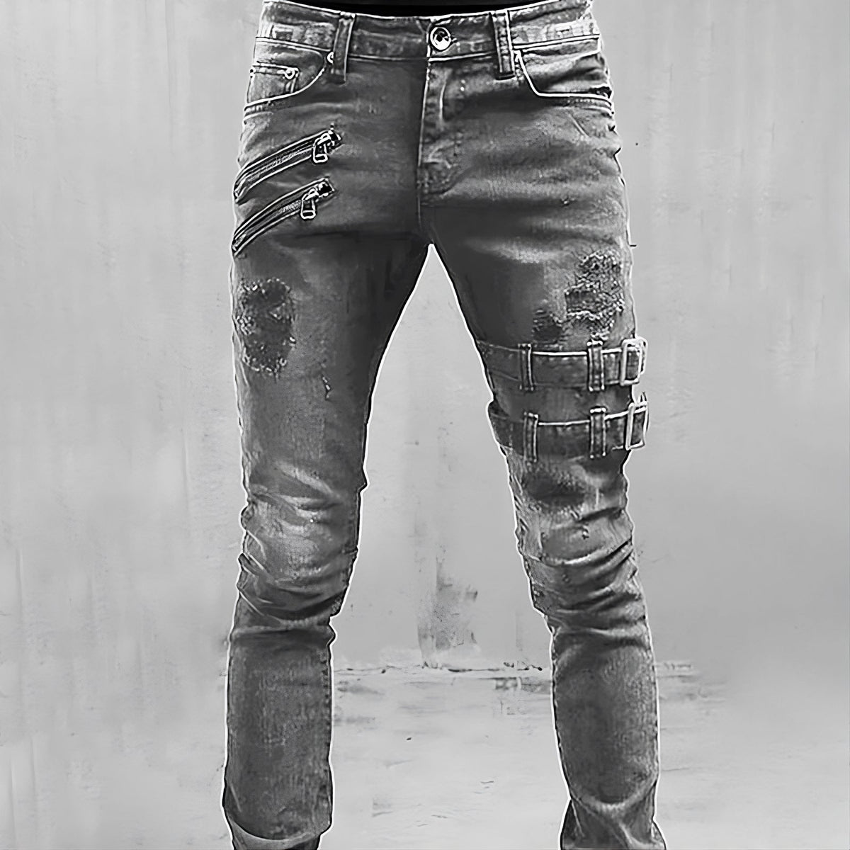 Men's Strap and Zip Detail Distressed Denim Jeans - Grey