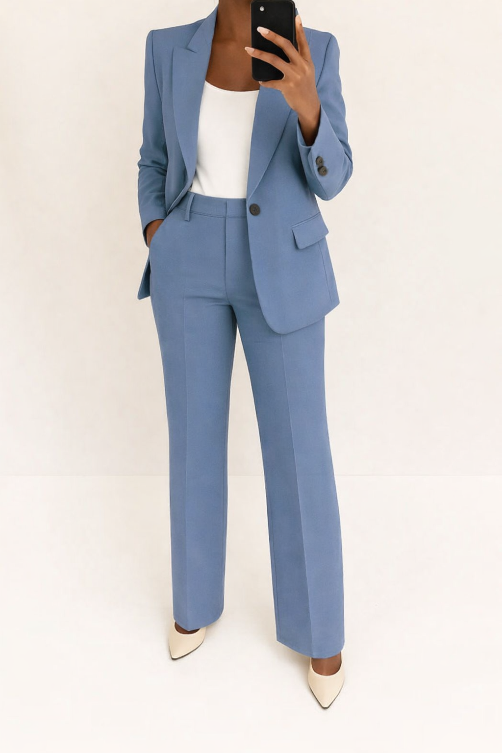 Women's Classic Button Blazer and Wide Leg Trouser Suit - Blue