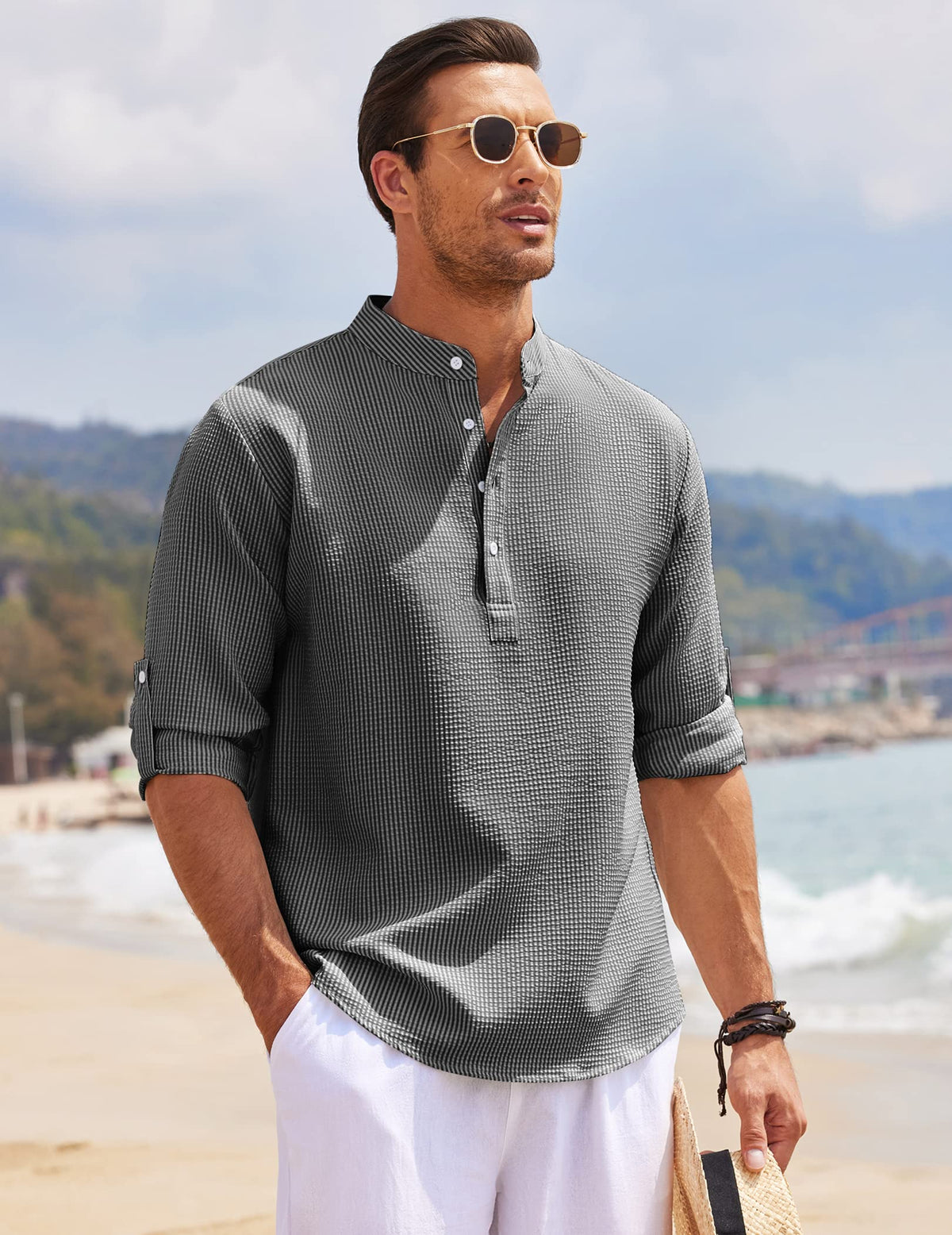 Men's Grandad Collar Popover Shirt Roll Sleeve Summer Style