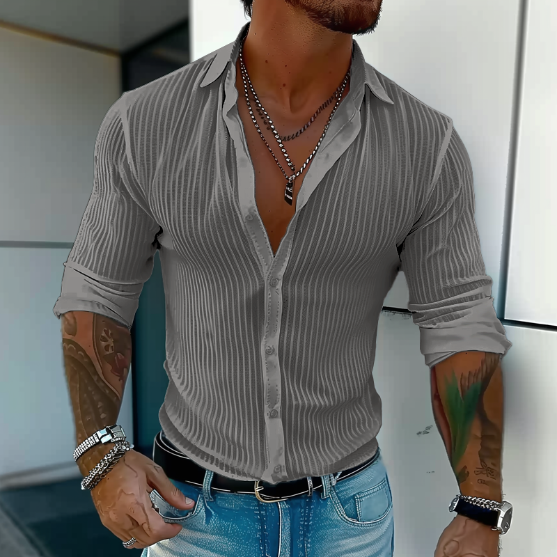 Men's Lightweight Summer Shirt with Ribbed Texture Slim Button