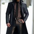 Men's Notch Lapel Button-Down Faux Leather Long Coat – Black