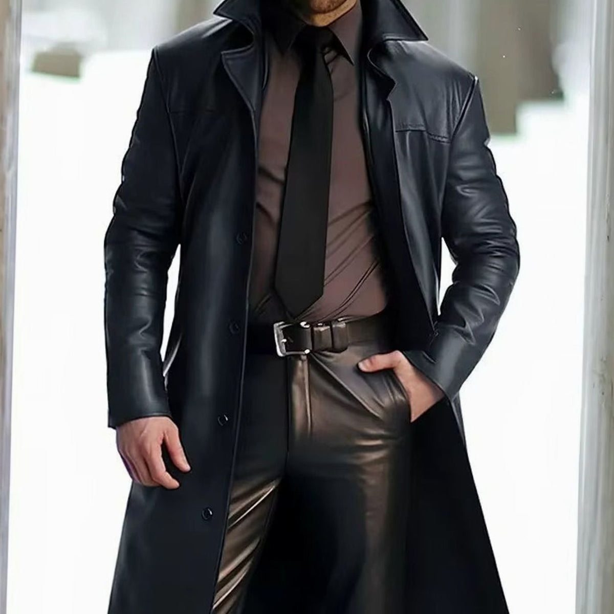 Men's Notch Lapel Button-Down Faux Leather Long Coat – Black