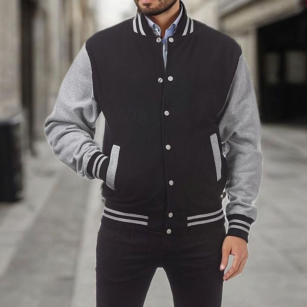 Men's Letterman Jacket with Contrast Sleeves and Popper Front - Light Grey