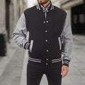 Men's Letterman Jacket with Contrast Sleeves and Popper Front - Light Grey