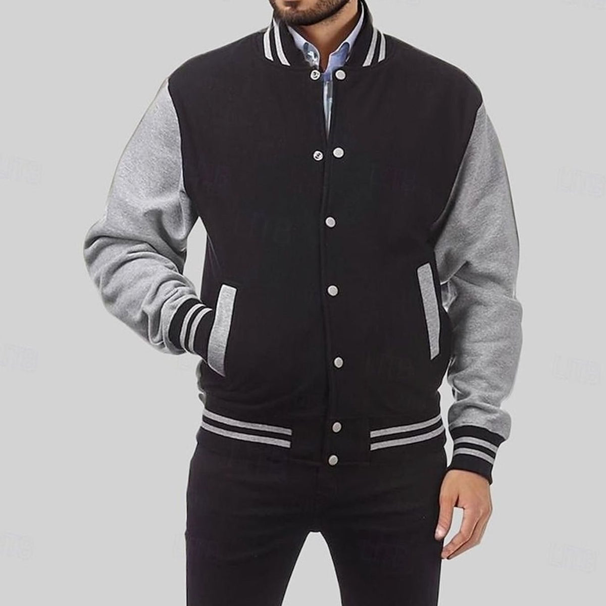 Men's Letterman Jacket with Contrast Sleeves and Popper Front