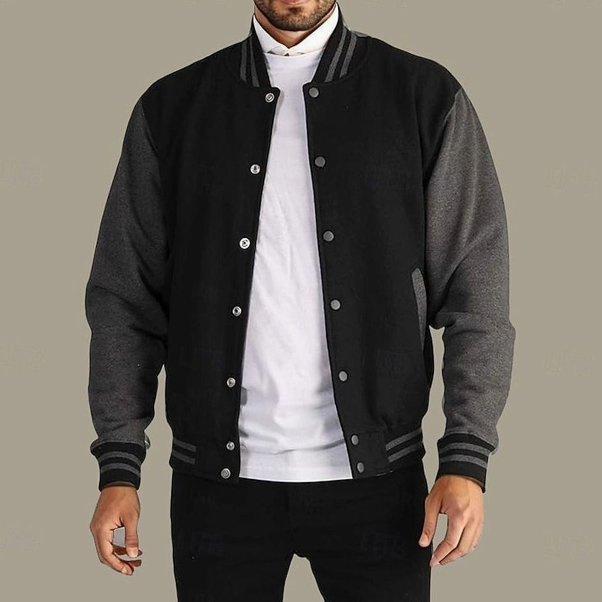 Men's Letterman Jacket with Contrast Sleeves and Popper Front