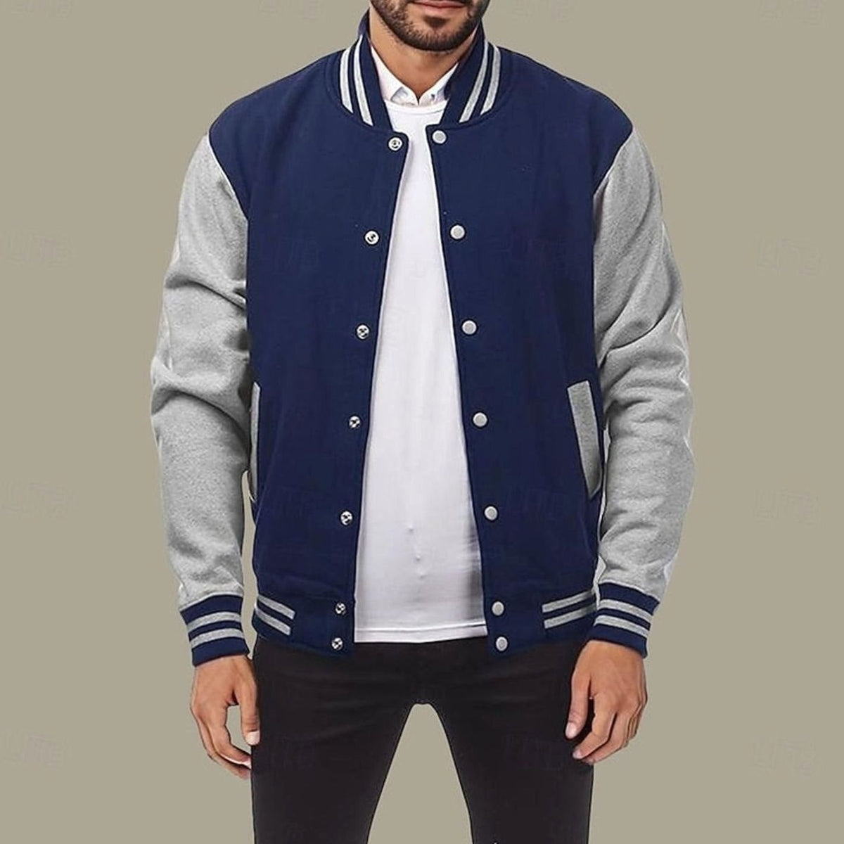 Men's Letterman Jacket with Contrast Sleeves and Popper Front