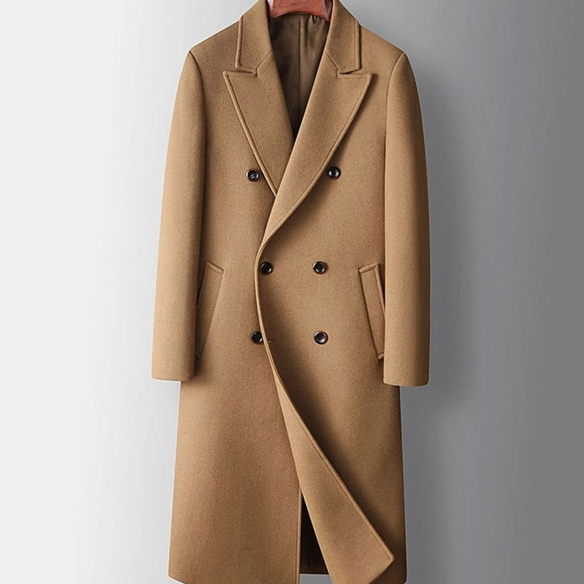 Men's Long Wool Topcoat with Six-Button Double Front - Khaki