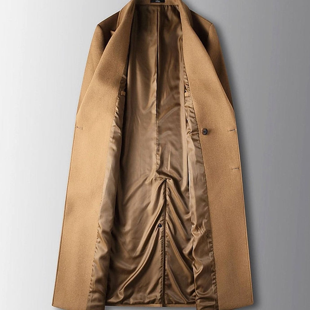 Men's Long Wool Topcoat with Six-Button Double Front