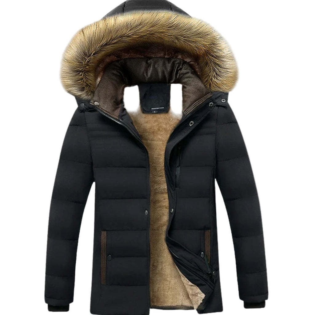 Men's Faux Fur Hood Quilted Jacket With Fleece Interior