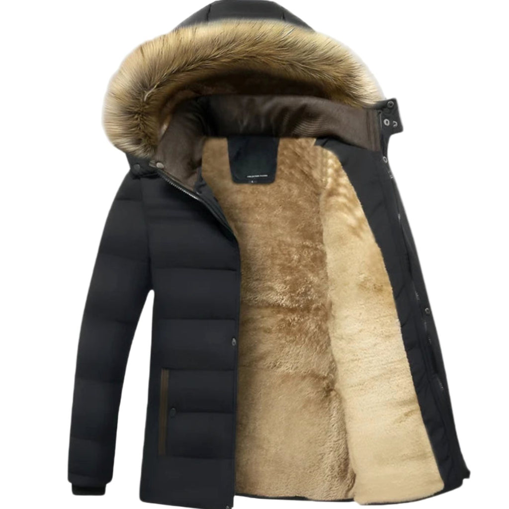 Men's Faux Fur Hood Quilted Jacket With Fleece Interior - Black