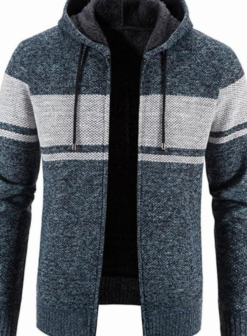 Men's Hooded Zip Through Knit Cardigan with Fleece Lining - Blue Grey