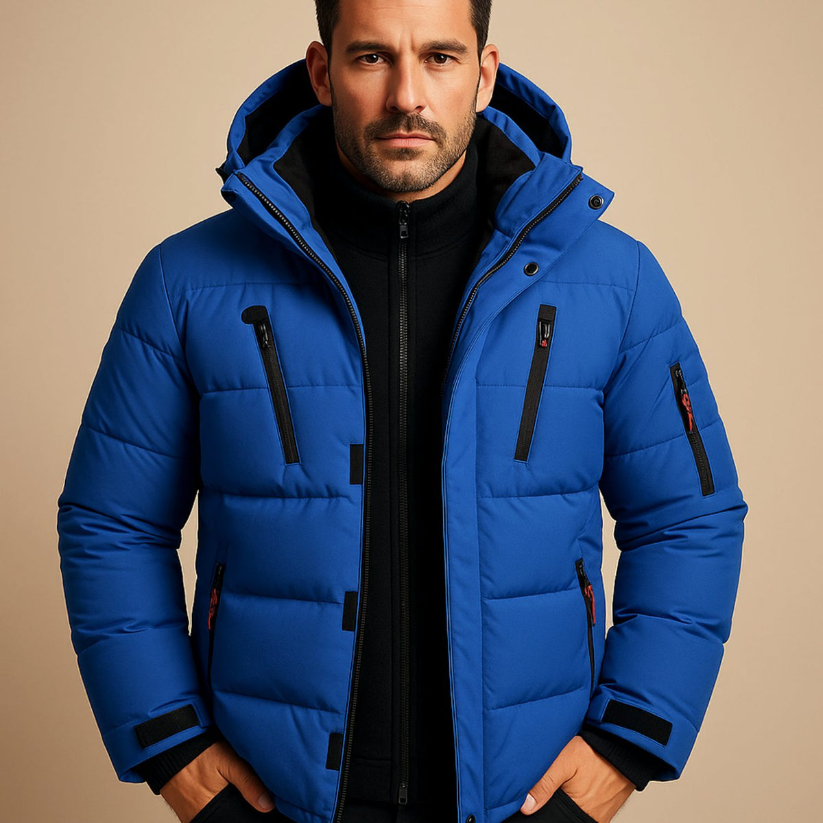Men's Rugged Multi-Pocket Winter Parka with Hood - Blue