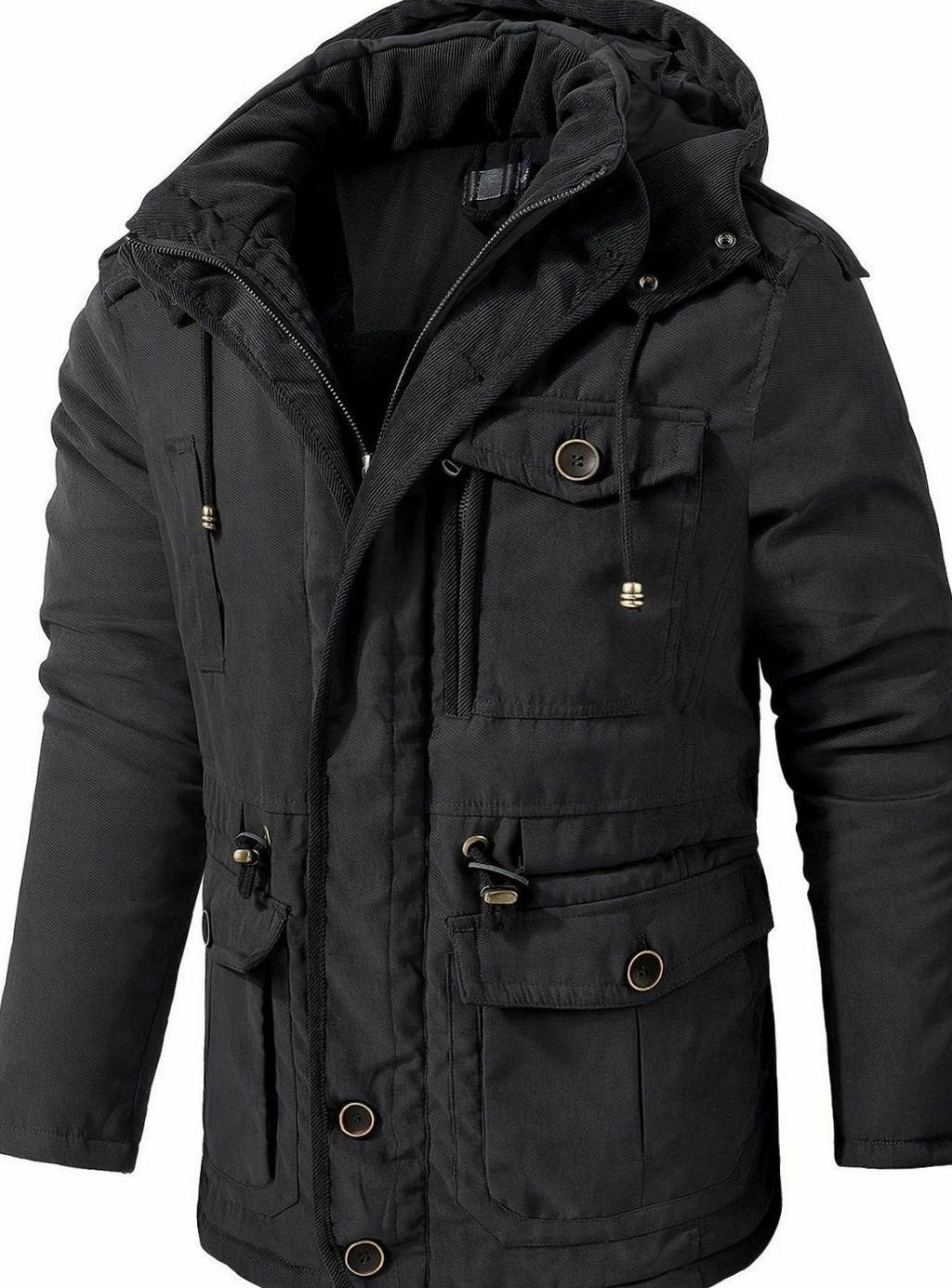 Men's Thick Padded Workwear Jacket with Cinch Hood - Black