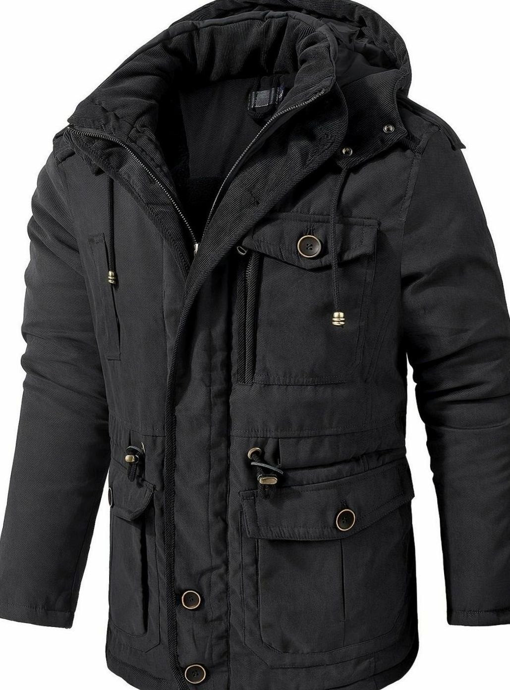 Men's Thick Padded Workwear Jacket with Cinch Hood - Black