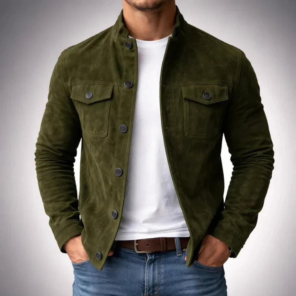 Men's Stand-Collar Suede Jacket with Chest Flap Pockets – Green