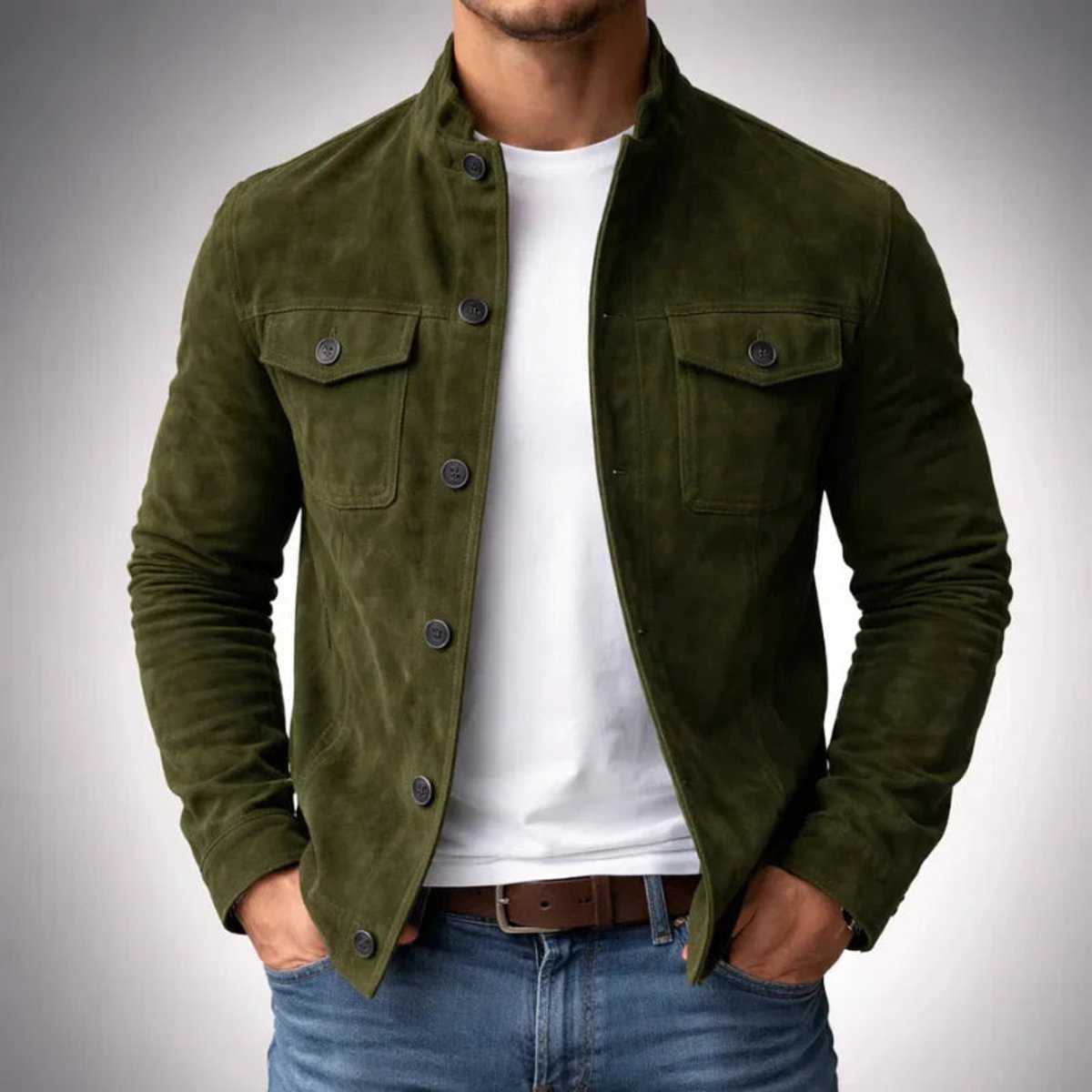 Men's Stand-Collar Suede Jacket with Chest Flap Pockets – Green