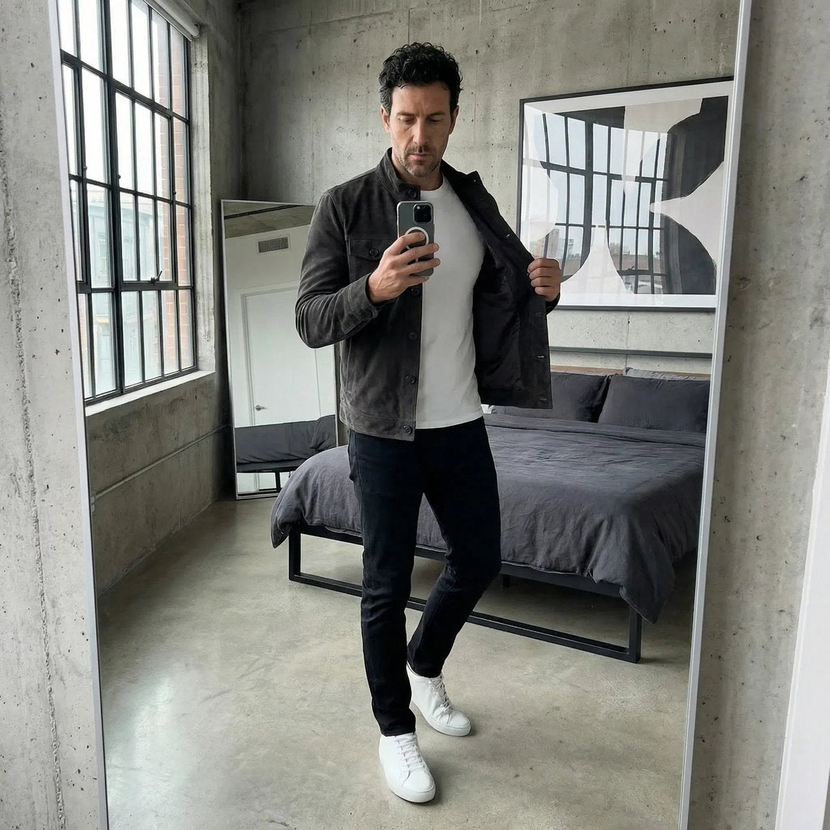 Men's Stand-Collar Suede Jacket with Chest Flap Pockets