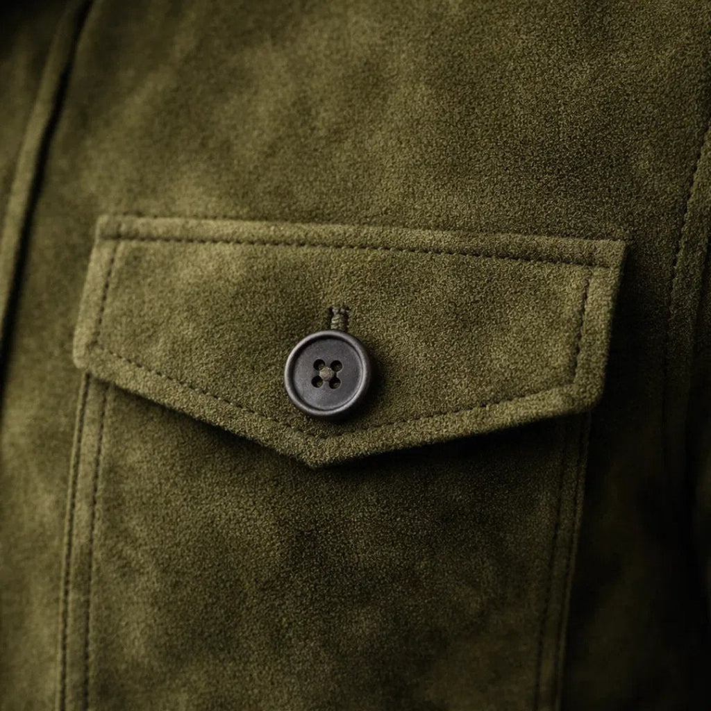 Men's Stand-Collar Suede Jacket with Chest Flap Pockets