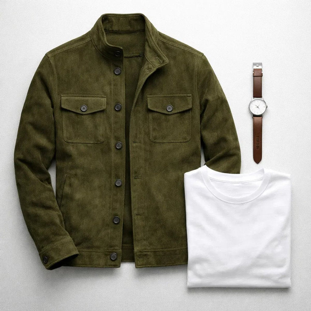 Men's Stand-Collar Suede Jacket with Chest Flap Pockets