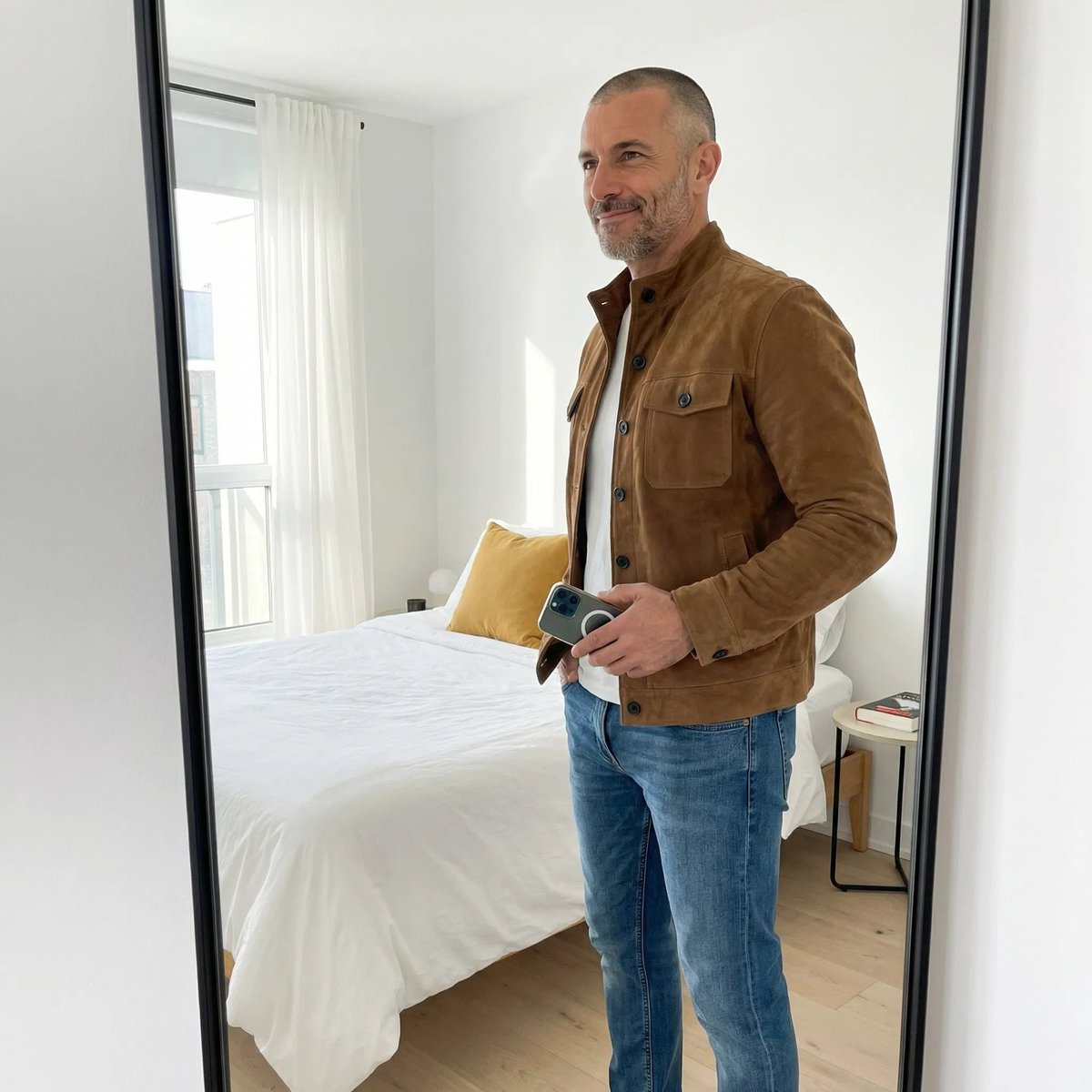 Men's Stand-Collar Suede Jacket with Chest Flap Pockets