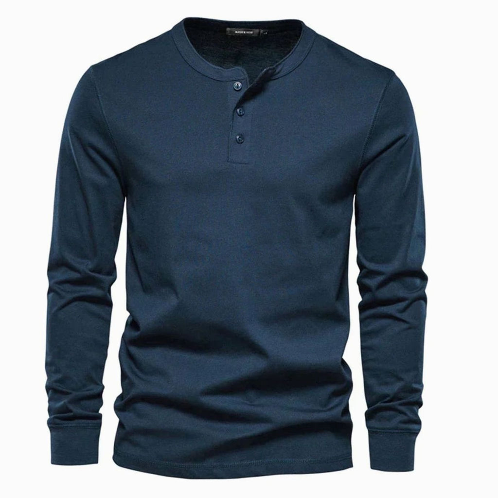 Men's Button Placket Long Sleeve Henley Top - Navy Blue