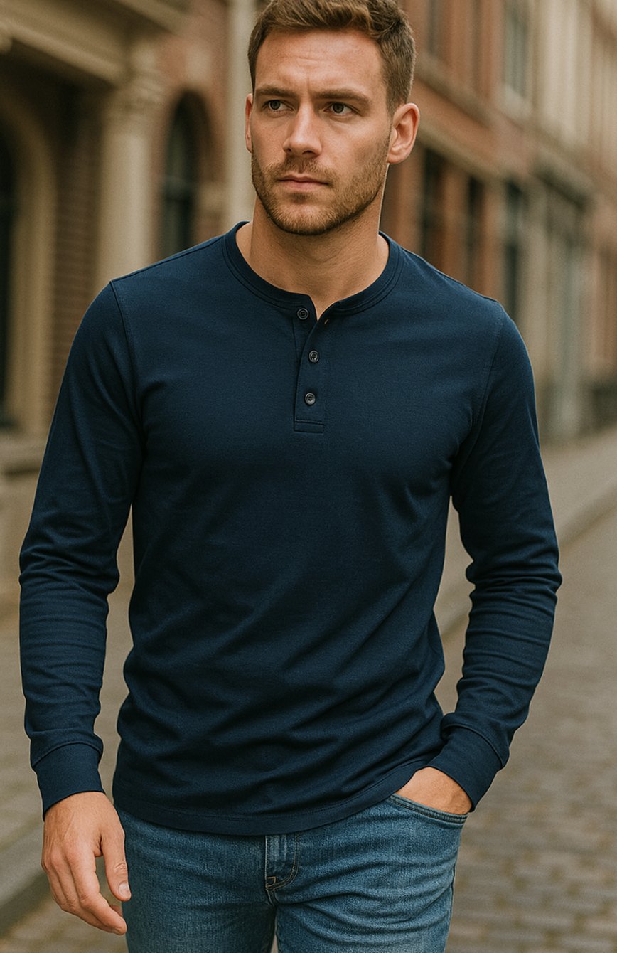Men's Button Placket Long Sleeve Henley Top