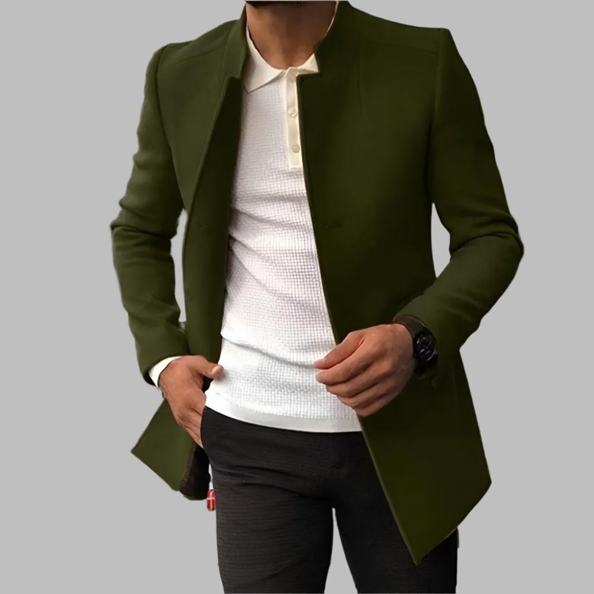 Men's Slim Fit Open-Front Wool Coat Collarless – Green