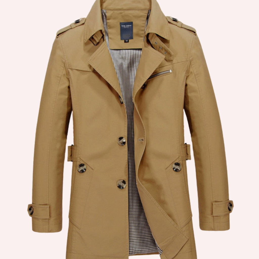 Men's Double-Breasted Trench With Chest Zip Pocket - Khaki