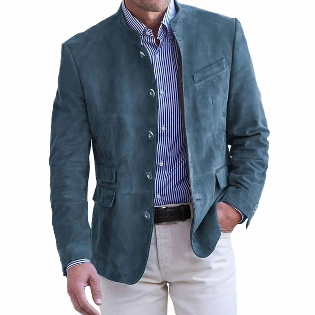 Men's Button-Front Suede Blazer With Chest Pocket - Blue