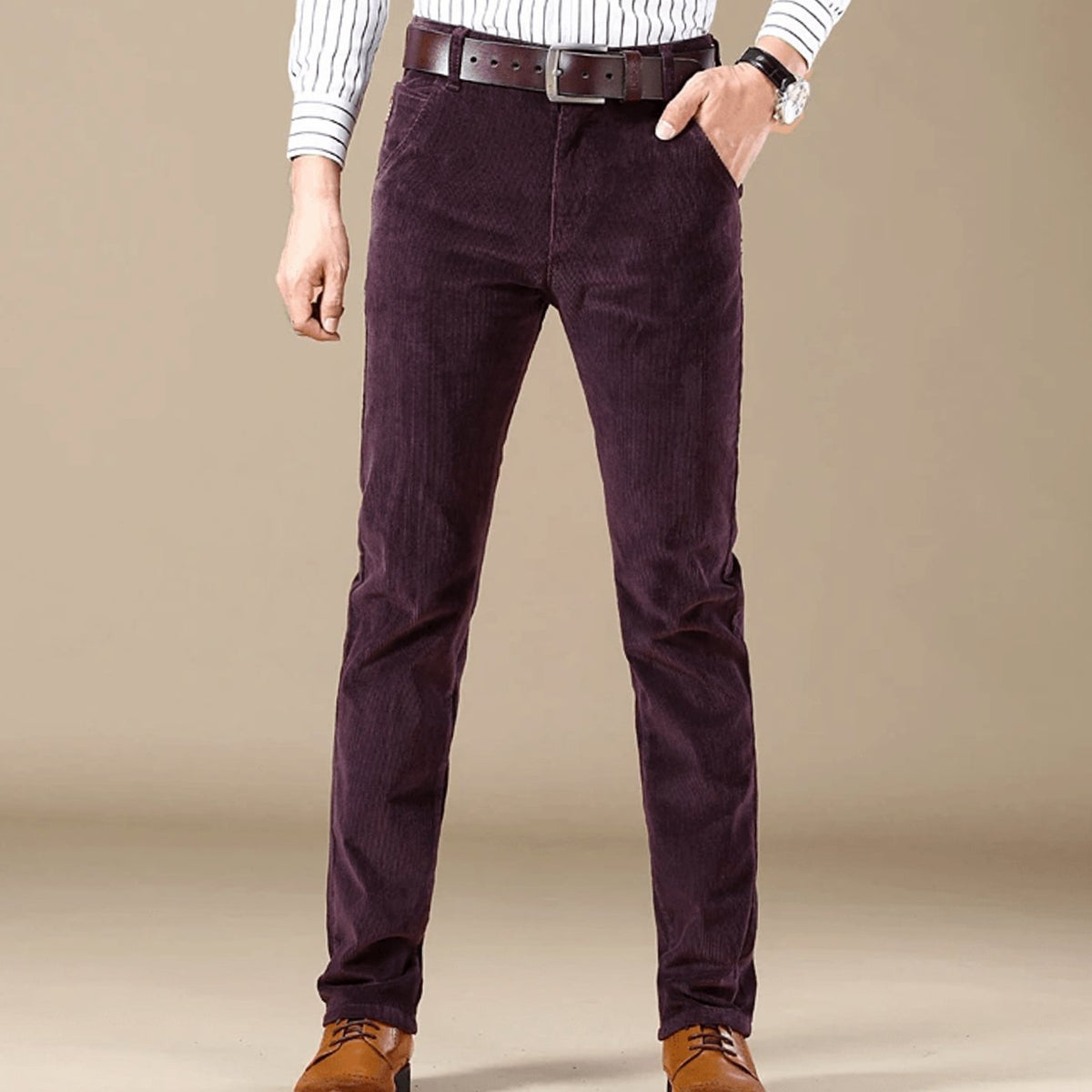Men's Cord Straight Cut Slim Trousers - Purple