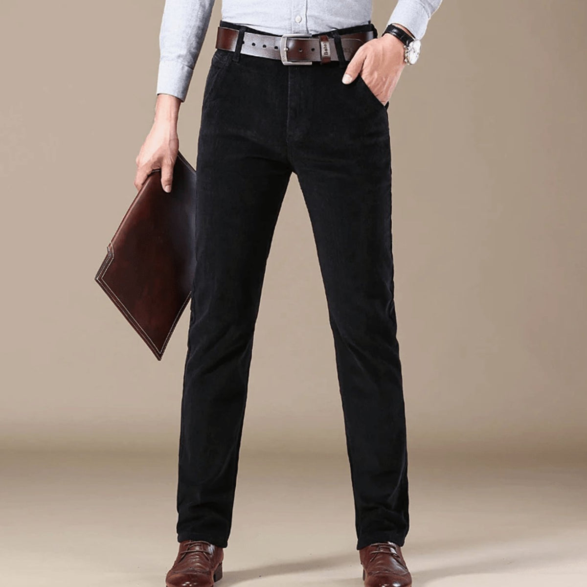Men's Cord Straight Cut Slim Trousers - Black